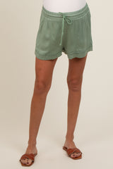 Light Olive Drawstring Waist Tie Maternity Shorts