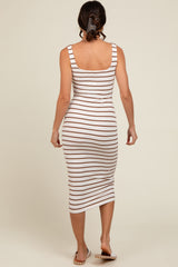 Cream Striped Fitted Square Neck Midi Dress