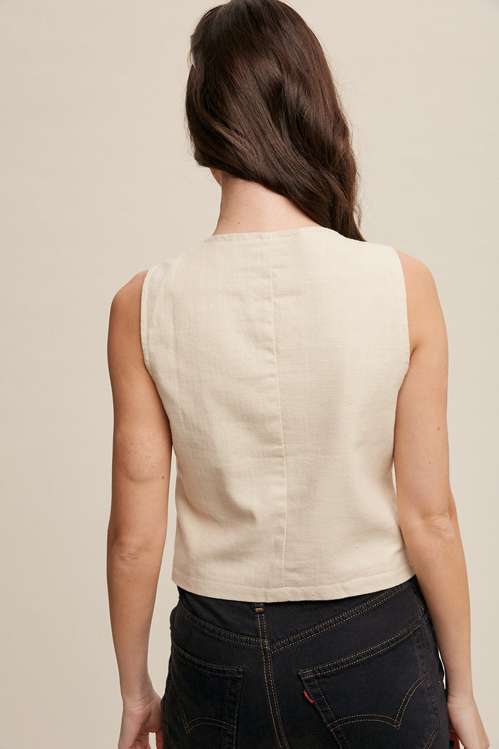 Natural Fitted Linen Vest With Pockets