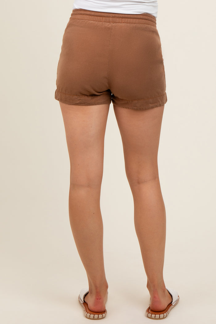 Brown Drawstring Side Pocket Maternity Shorts