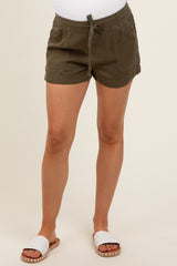 Olive Drawstring Side Pocket Maternity Shorts