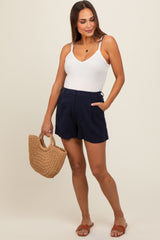 Navy Blue Pleated Maternity Shorts