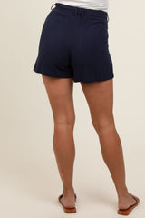 Navy Blue Pleated Clasp Front Maternity Shorts
