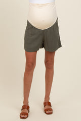 Olive Blue Pleated Maternity Shorts