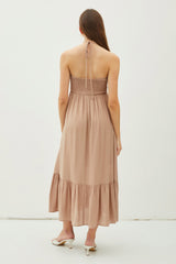 Taupe V-Front Halter Midi Dress