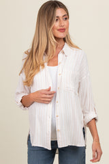 Ivory Striped Linen Button Front Long Sleeve Maternity Top