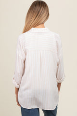 Ivory Striped Linen Button Front Long Sleeve Maternity Top