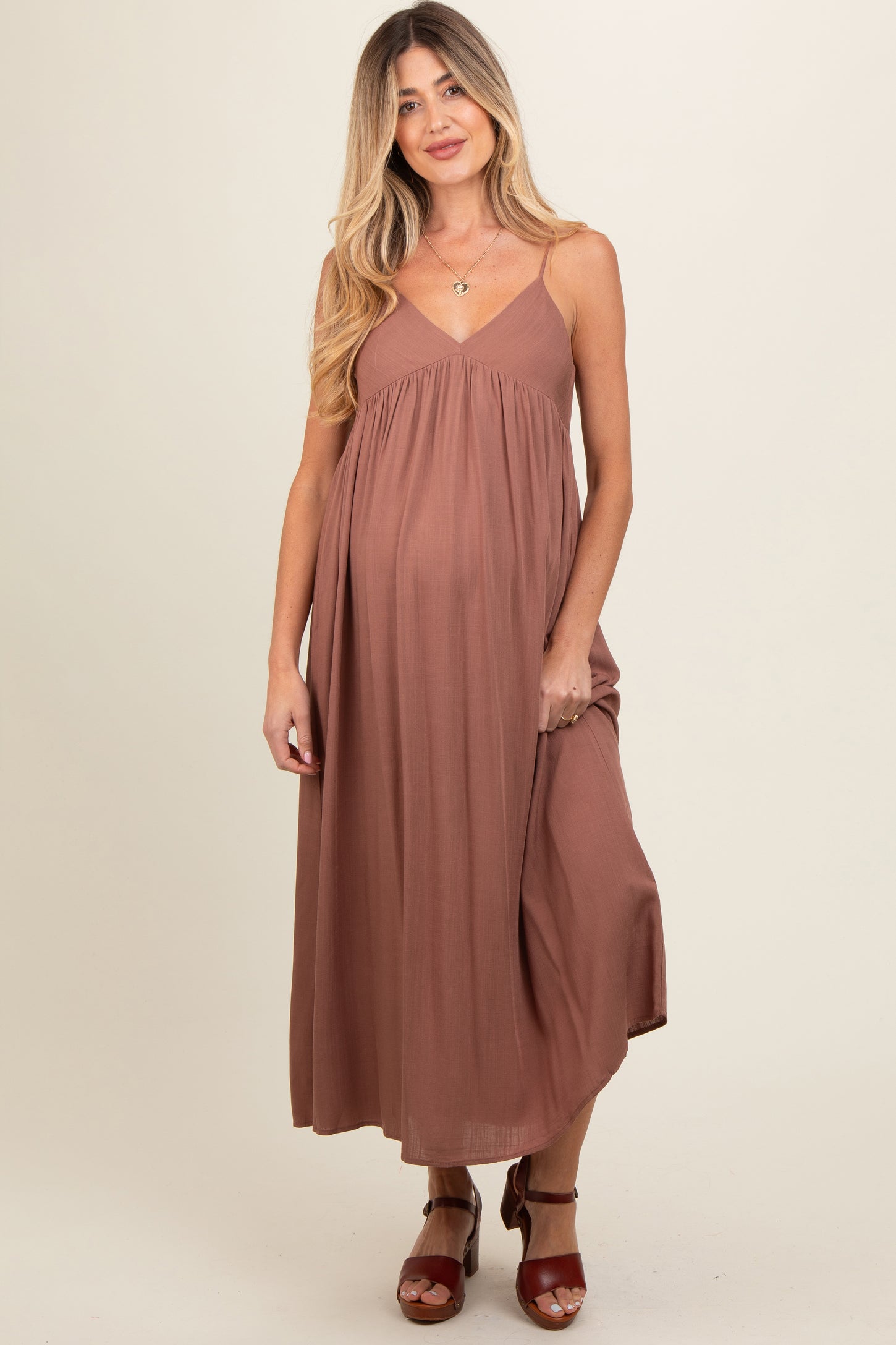 Mocha V-Neck Sleeveless Maternity Midi Dress