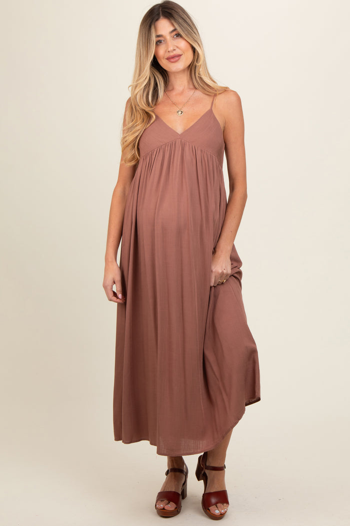 Mocha V-Neck Sleeveless Maternity Midi Dress