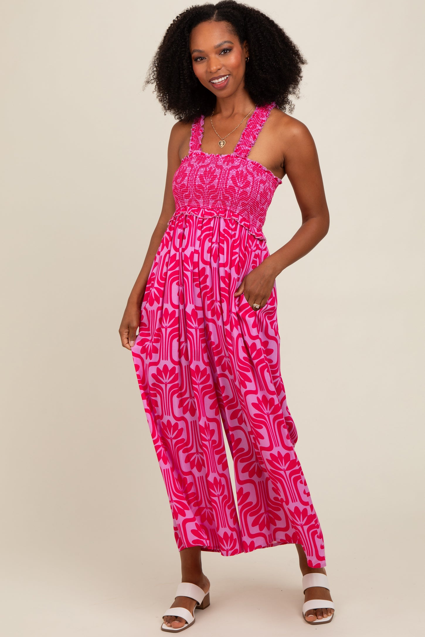 Fuchsia Printed Smocked Cropped Maternity Jumpsuit