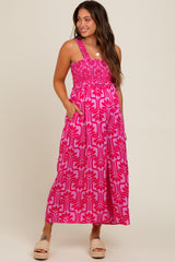 Fuchsia Printed Smocked Cropped Maternity Jumpsuit