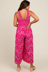 Fuchsia Printed Smocked Cropped Maternity Jumpsuit