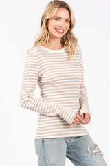 Beige Striped Long Sleeve Ribbed Top