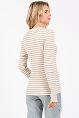 Beige Striped Long Sleeve Ribbed Top