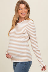 Beige Striped Long Sleeve Ribbed Maternity Top