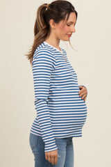 Blue Striped Long Sleeve Ribbed Maternity Top