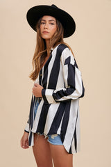 Black Ivory Wide Striped Satin Relaxed Fit Woven Blouse