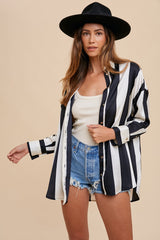 Black Ivory Wide Striped Satin Relaxed Fit Woven Blouse