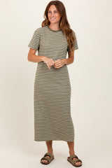 Olive Striped Short Sleeve Side Slit Maternity T-Shirt Midi Dress