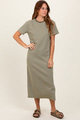 Olive Striped Short Sleeve Side Slit T-Shirt Midi Dress