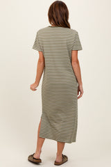 Olive Striped Short Sleeve Side Slit T-Shirt Midi Dress