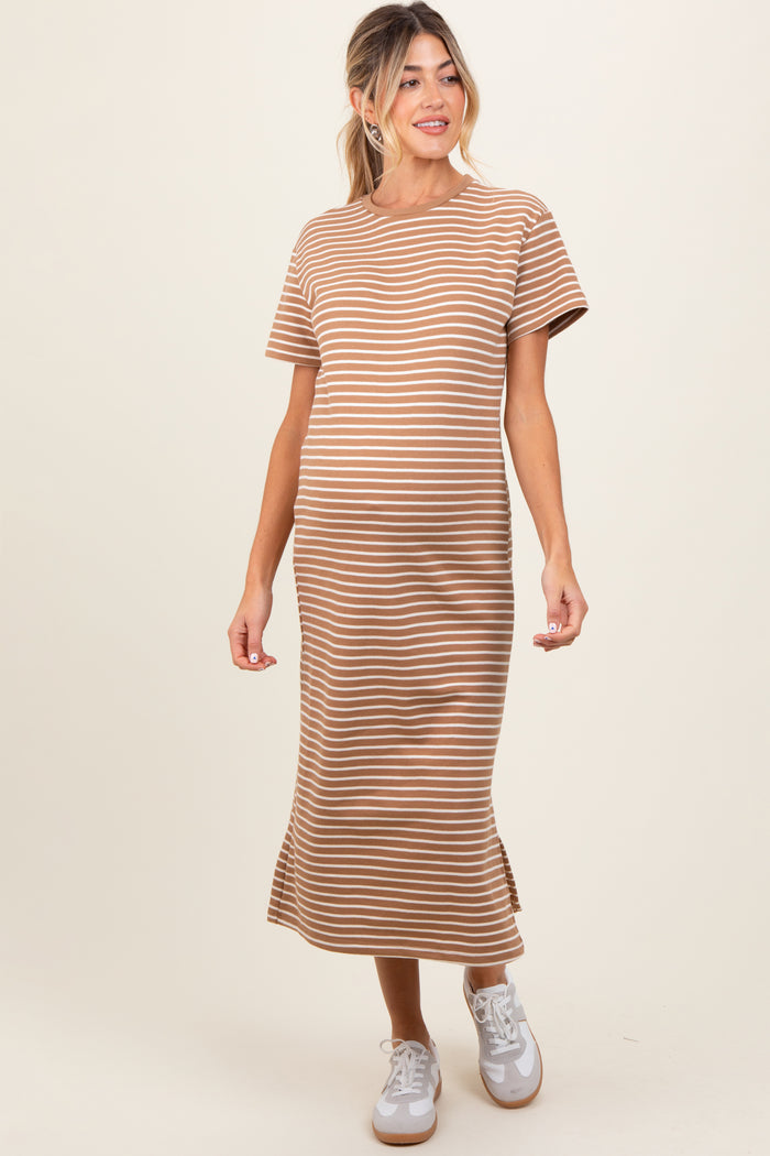 Rust Striped Short Sleeve Side Slit Maternity T-Shirt Midi Dress