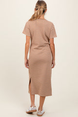 Rust Striped Short Sleeve Side Slit Maternity T-Shirt Midi Dress