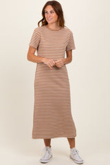 Rust Striped Short Sleeve Side Slit Maternity T-Shirt Midi Dress