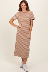 Rust Striped Short Sleeve Side Slit T-Shirt Midi Dress