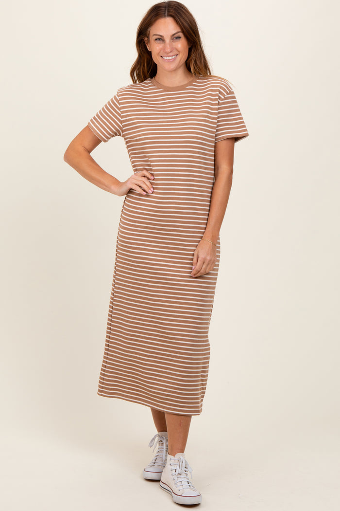 Rust Striped Short Sleeve Side Slit T-Shirt Midi Dress