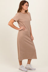 Rust Striped Short Sleeve Side Slit T-Shirt Midi Dress