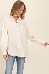 Cream Contrast Stitch Button Up Collared Long Sleeve Top