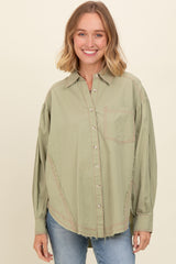 Light Olive Contrast Stitch Button Up Collared Long Sleeve Maternity Top