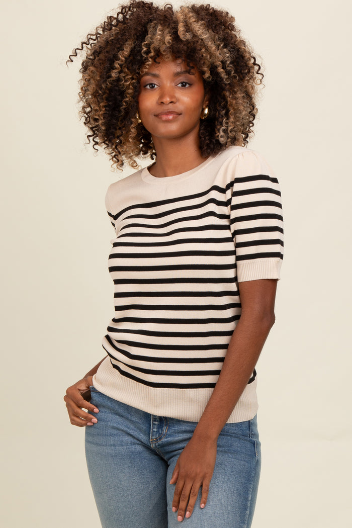 Beige Striped Short Sleeve Knit Maternity Top