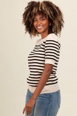 Beige Striped Short Sleeve Knit Top