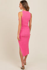 Pink Ribbed Side Slit Sleeveless Midi Dress