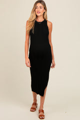 Black Ribbed Side Slit Sleeveless Maternity Midi Dress