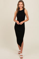 Black Ribbed Side Slit Sleeveless Midi Dress