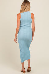 Light Blue Ribbed Side Slit Sleeveless Maternity Midi Dress