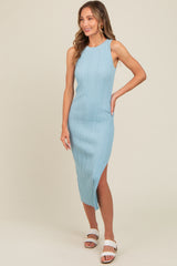 Light Blue Ribbed Side Slit Sleeveless Maternity Midi Dress