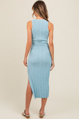 Light Blue Ribbed Side Slit Sleeveless Midi Dress