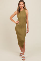 Light Olive Ribbed Side Slit Sleeveless Midi Dress