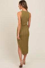 Light Olive Ribbed Side Slit Sleeveless Midi Dress