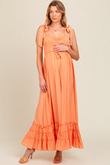 Orange Sweetheart Neck Smocked Shoulder Tie Maternity Maxi Dress