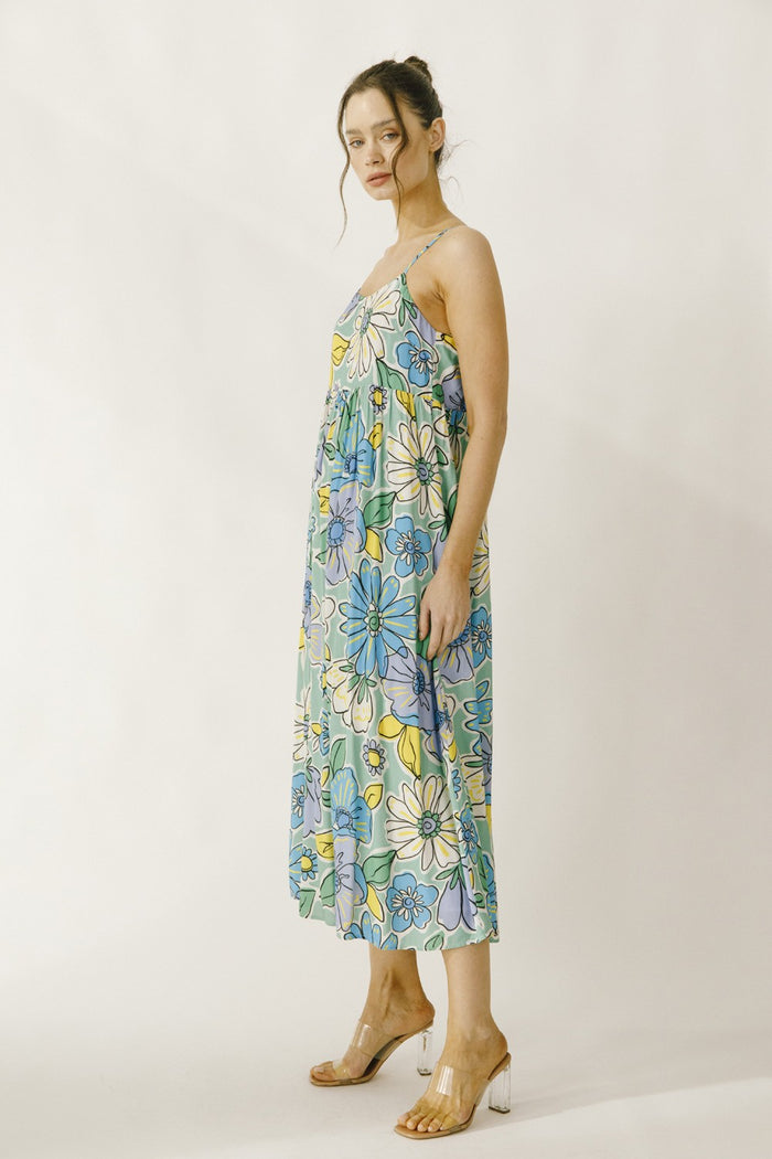 Green Floral Back Tie Midi Dress