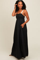 Black Square Neck Contrast Strap Back Cutout Maxi Dress