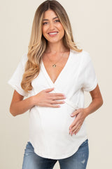 Ivory Wrap Short Sleeve Raw Hem Maternity Top