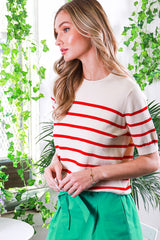 Red Striped Knit Short Sleeve Top