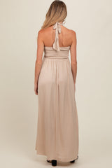 Beige Halter Cutout Maternity Maxi Dress