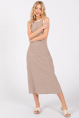 Mocha Striped Sleeveless Maternity Midi Dress